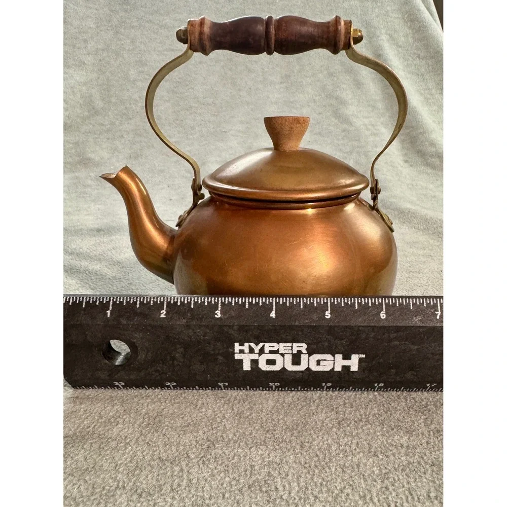 Vintage Copper Tea Kettle Brass Handle Wood Grip Stovetop Decorative Teapot
